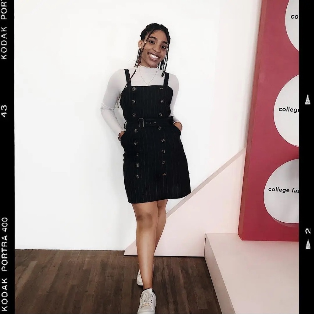 Forever 21 Pinstripe Overall Mini Dress Navy Brown Small